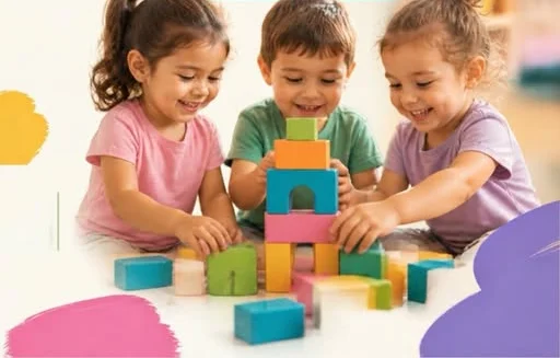 Tres niños sonríen mientras arman una torre con bloques de colores